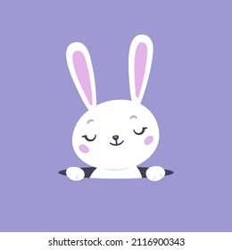 Cute Easter bunny coming out from a hole vector flat kawaii cartoon illustration.