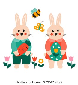 Linda pareja de conejitos de Pascua sosteniendo zanahoria y huevo decorado. Flores de primavera, Elementos de abejas y mariposas. Ilustración infantil de Vector plano. Ideal para el diseño de los niños, tarjetas de felicitación, arte de la guardería y las impresiones.