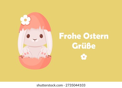 Cute Easter Bunny In Cracked Egg With German Easter Greeting Card