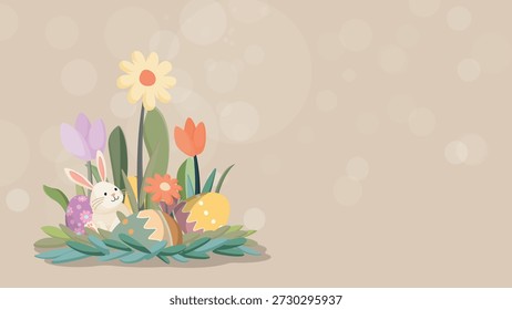 Lindo conejo de Pascua con huevos decorados en el estilo dibujado a mano de arbusto sobre fondo beige tienen espacio en blanco. Tarjeta de felicitación de Pascua feliz, cartel o Plantilla Horizontal del Anuncio.