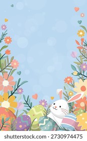 Cute Easter bunny and decorated eggs in the garden hand drawn style on light blue background have blank space. Happy Easter greeting card, backdrop, poster or banner vertical template.