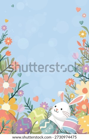 Cute Easter bunny and decorated eggs in the garden hand drawn style on light blue background have blank space. Happy Easter greeting card, backdrop, poster or banner vertical template.