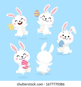 Cute Easter bunny with decorating egg collection. White rabbit in holidays cartoon character. -Vector