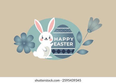 Cute Easter Bunny with Decorative Egg and Flowers