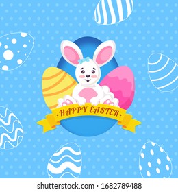Bonito conejito de Pascua y huevos decorativos sobre fondo azul cielo Doodle. 