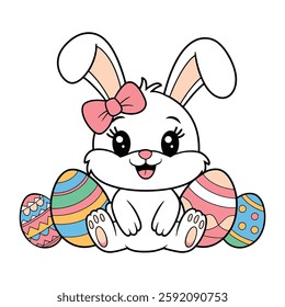 Cute Easter Bunny with Decorative Eggs Illustration