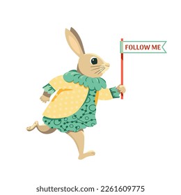 Cute Easter bunny design for Egg hunt decoration. Funny rabbit bunny cartoon vector illustration. Holiday party flyer, banner design element. Festive family, children fun event invitation background