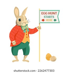 Cute Easter bunny design for Egg hunt decoration. Funny rabbit bunny cartoon vector illustration. Holiday party flyer, banner design element. Festive family, children fun event invitation background