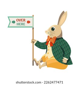 Cute Easter bunny design for Egg hunt decoration. Funny rabbit bunny cartoon vector illustration. Holiday party flyer, banner design element. Festive family, children fun game invitation background