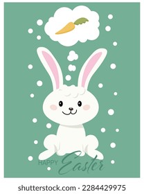 Cute easter bunny dreams of carrots on a polka dot background. Greeting card, holiday poster, cartoon children's style, vector.