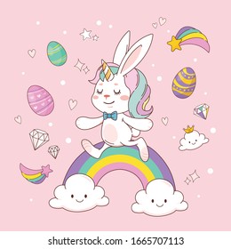 Cute Easter bunny Dress up cosplay as a unicorn with eggs. Cartoon vector illustration