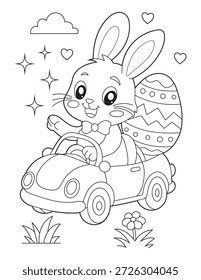 Coelho de Páscoa bonito dirigindo um carro colorir página para crianças. Coelho de Desenho Animado Feliz com Ovo de Páscoa Grande. Ilustração da arte da linha de corações e estrelas para crianças