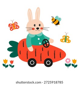 Lindo conejito de Pascua conduciendo un coche en forma de zanahoria con flores de primavera, abejas y mariposas. Ilustración vectorial plana, estilo infantil juguetón. Perfecto para el diseño de los niños, carteles, tarjetas y decoración de la guardería.