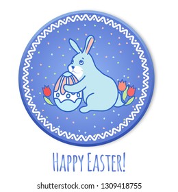 Cute Easter Bunny with a dyed egg and tulips on a round card with an ornament. Festive, greeting card. On a bright purple background. Postage card. Vector illustration.