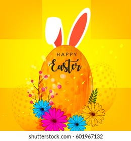 Cute Easter Bunny Ears with Egg on colorful shiny background for the celebration of Christian Festival "Happy Easter".
