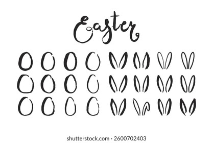 Cute Easter bunny ears, Easter eggs isolated elements collection. Hand drawn style line art design, vector illustration. Holiday clip art set. Seasonal advertising, promotion, card, banner, invite