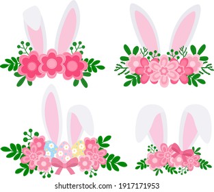 Cute easter bunny ears with flowers vector illustration