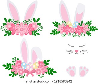 Cute easter bunny ears with flowers vector illustration