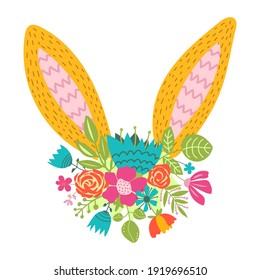 Cute Easter bunny ears with flowers vector illustration. Rabbit and colorful spring flowers isolated on white background.