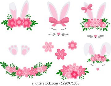 Cute Easter bunny ears with flowers vector illustration. Rabbit face Easter eggs pink flowers