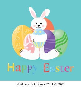 un lindo conejito de Pascua con orejas abraza un huevo decorado y la inscripción Feliz Pascua. Ilustración plana del vector