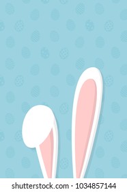 Cute Easter Bunny ears on background with eggs. Easter background with copyspace. Vector.