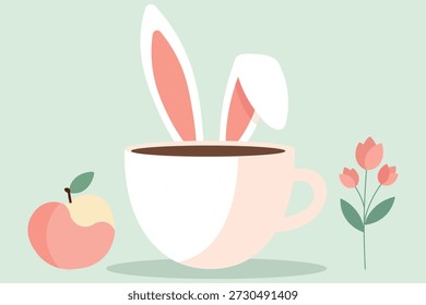 Lindas orejas de conejo de Pascua que salen de una taza de café con manzana y flores sobre fondo pastel