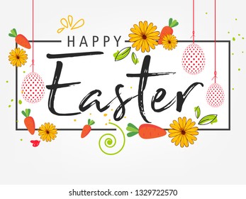 Cute Easter Bunny Ears with stylish text on decorative background with ribbon for the celebration of Christian Festival "Happy Easter".