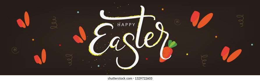 Cute Easter Bunny Ears with stylish text on decorative background with ribbon for the celebration of Christian Festival "Happy Easter".