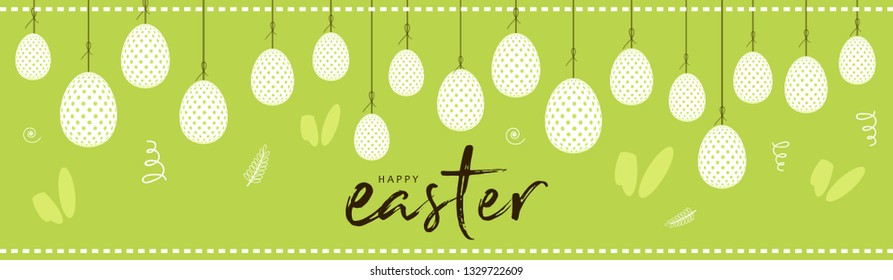 Cute Easter Bunny Ears with stylish text on decorative background with ribbon for the celebration of Christian Festival "Happy Easter".