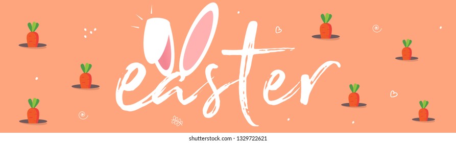 Cute Easter Bunny Ears with stylish text on decorative background with ribbon for the celebration of Christian Festival "Happy Easter".