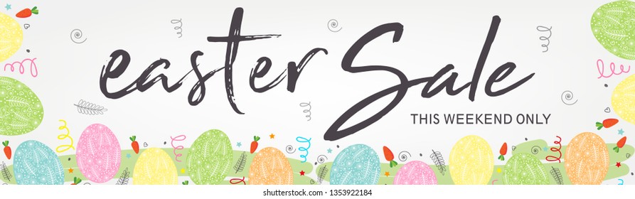 Cute Easter Bunny Ears with stylish text on decorative background with ribbon for the celebration of Christian Festival "Happy Easter".