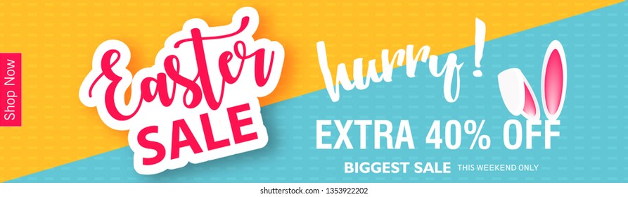 Cute Easter Bunny Ears with stylish text on decorative background with ribbon for the celebration of Christian Festival "Happy Easter".