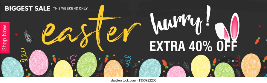 Cute Easter Bunny Ears with stylish text on decorative background with ribbon for the celebration of Christian Festival "Happy Easter".