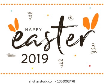 Cute Easter Bunny Ears with stylish text on decorative background with ribbon for the celebration of Christian Festival "Happy Easter".