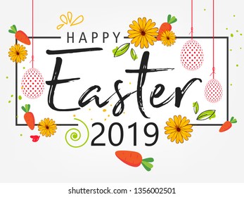 Cute Easter Bunny Ears with stylish text on decorative background with ribbon for the celebration of Christian Festival "Happy Easter".