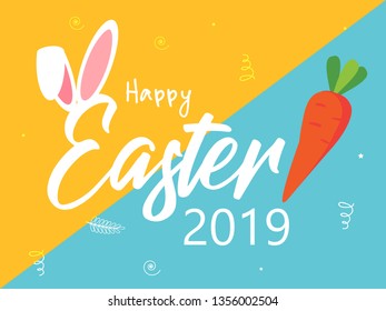 Cute Easter Bunny Ears with stylish text on decorative background with ribbon for the celebration of Christian Festival "Happy Easter".