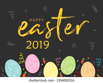 Cute Easter Bunny Ears with stylish text on decorative background with ribbon for the celebration of Christian Festival "Happy Easter".
