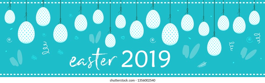 Cute Easter Bunny Ears with stylish text on decorative background with ribbon for the celebration of Christian Festival "Happy Easter".