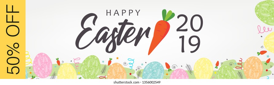 Cute Easter Bunny Ears with stylish text on decorative background with ribbon for the celebration of Christian Festival "Happy Easter".
