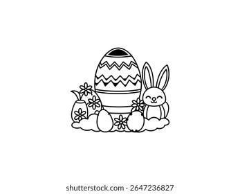 Cute Easter bunny with egg basket and sparkles in outline style. Perfect for spring holiday designs, coloring pages, greeting cards, kids art, and festive decorations