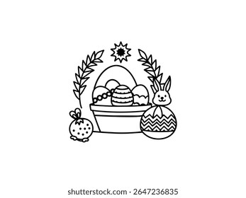 Cute Easter bunny with egg basket and sparkles in outline style. Perfect for spring holiday designs, coloring pages, greeting cards, kids art, and festive decorations