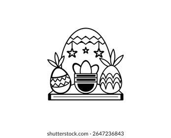Cute Easter bunny with egg basket and sparkles in outline style. Perfect for spring holiday designs, coloring pages, greeting cards, kids art, and festive decorations