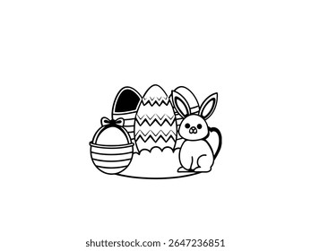 Cute Easter bunny with egg basket and sparkles in outline style. Perfect for spring holiday designs, coloring pages, greeting cards, kids art, and festive decorations