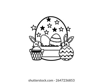 Lindo conejito de Pascua con cesta de huevos y destellos en estilo de contorno. Perfecto para diseños de vacaciones de primavera, páginas para colorear, tarjetas de felicitación, arte para niños y decoraciones festivas