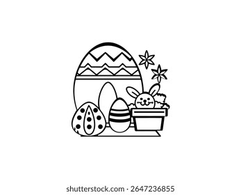 Cute Easter bunny with egg basket and sparkles in outline style. Perfect for spring holiday designs, coloring pages, greeting cards, kids art, and festive decorations