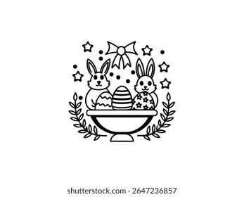 Cute Easter bunny with egg basket and sparkles in outline style. Perfect for spring holiday designs, coloring pages, greeting cards, kids art, and festive decorations