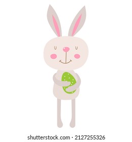 Cute Easter bunny  with egg. Cartoon vector illustration. Happy easter card. Ideal for invitation, poster, greeting card, sticker.