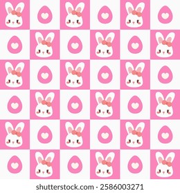 Cute Easter Bunny and Egg Checkered Seamless Pattern. A seamless checkered Easter pattern featuring kawaii bunny faces with bows and heart-decorated eggs in soft pink and white tones.