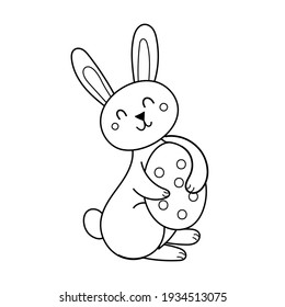 Cute Easter bunny with egg coloring page. Spring black and white print for coloring book. Funny rabbit background. Vector illustration